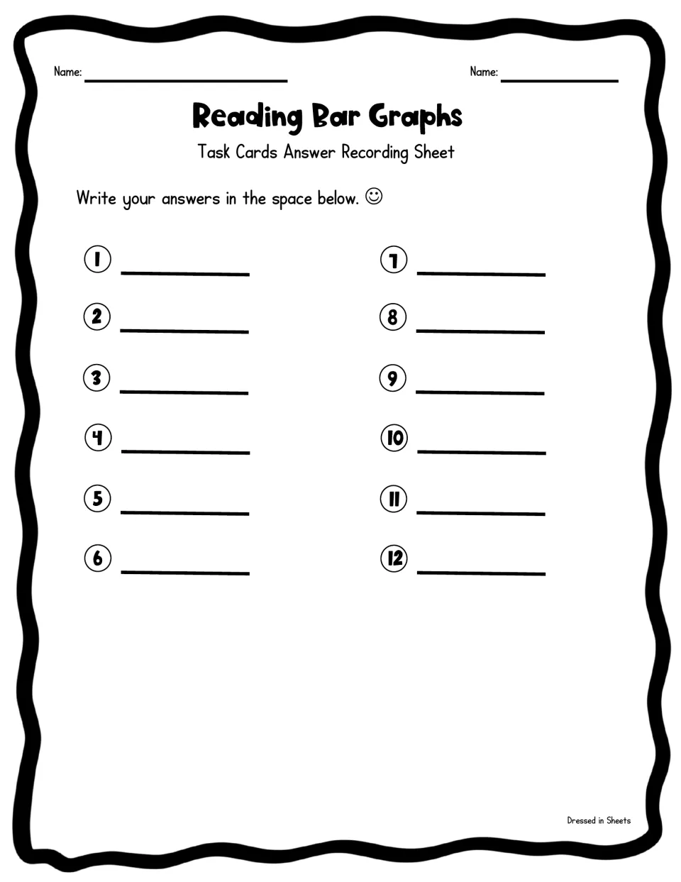 Task card answer recording sheet: students write their bar graph answers for cards 1 to 12 on numbered blanks