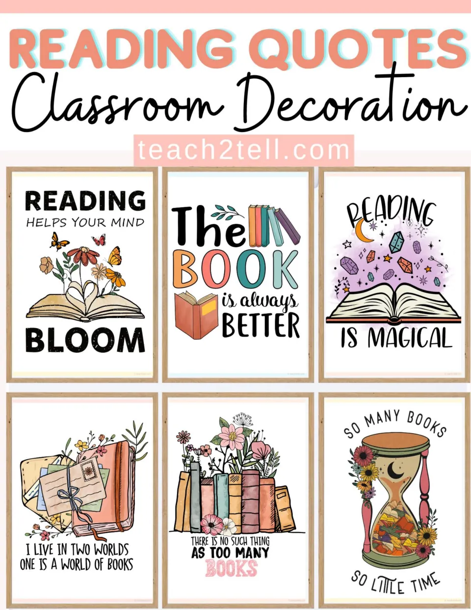 Cover for a set of reading quote décor posters, previewing six framed designs such as Bloom and The Book Is Always Better