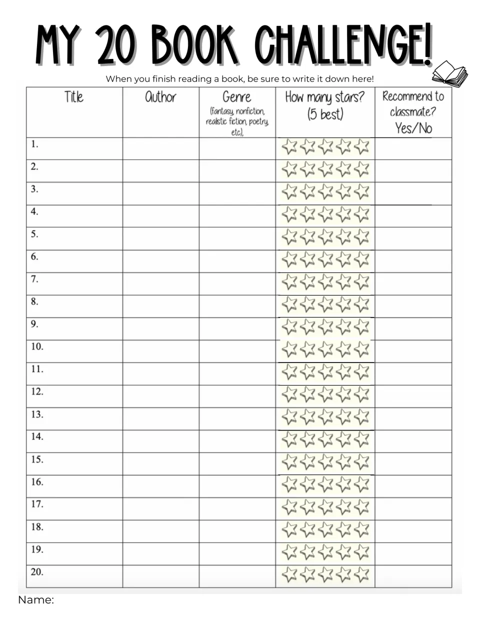 20-book reading log: students record title, author and genre, rate each book 1-5 stars and say if they recommend it