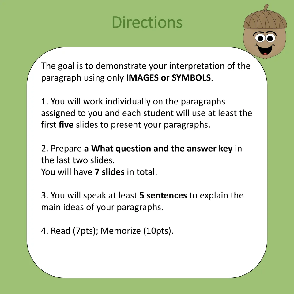Directions for a seven-slide paragraph presentation using images or symbols, a What question, and an answer key