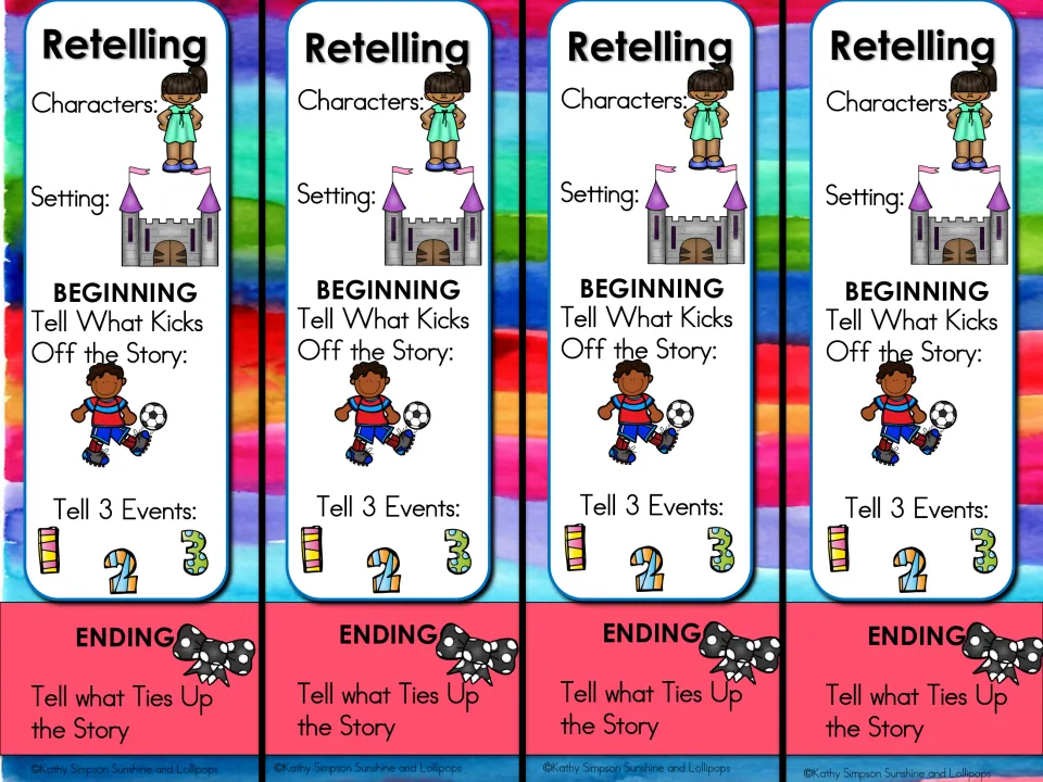 Retelling practice, second sheet: four more bookmarks prompting characters, setting, what kicks off the story, 3 events