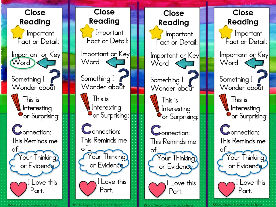 Close reading, second sheet: four more bookmarks with prompts for a connection, your thinking and I Love this Part