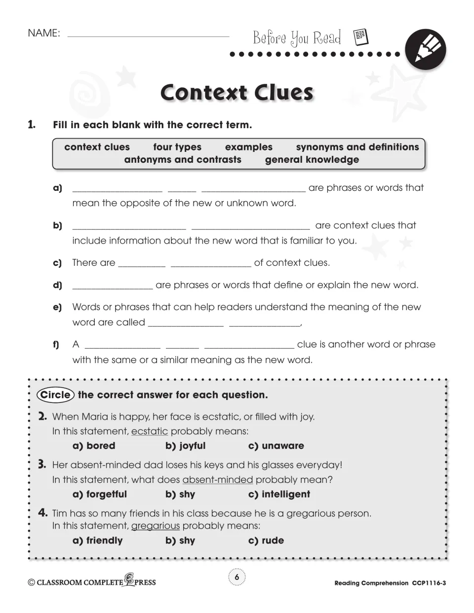 Context clues pre-reading: students fill in terms for the four clue types, then circle meanings of ecstatic and gregarious