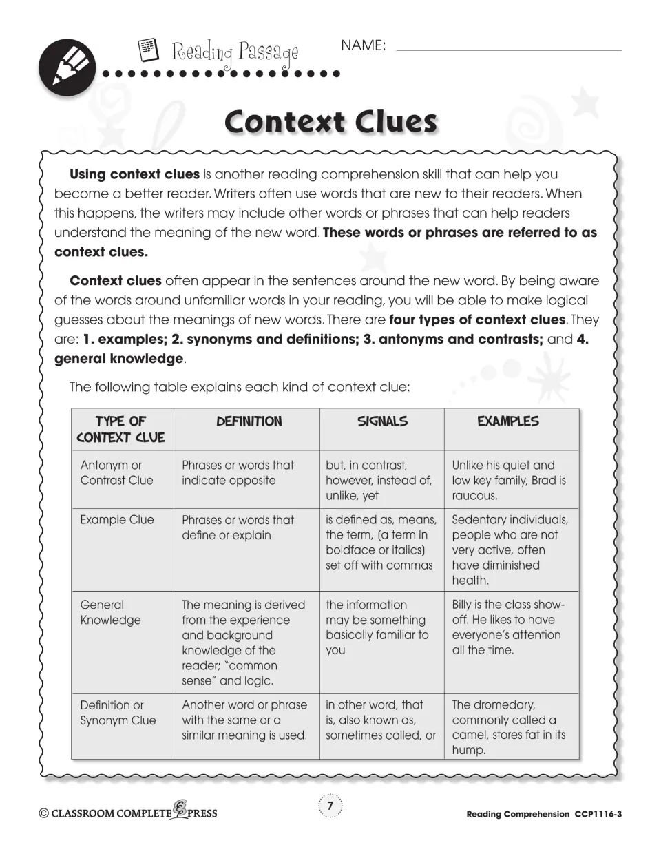 Context clues reading passage explaining four clue types, with a table of definitions, signal words and example sentences