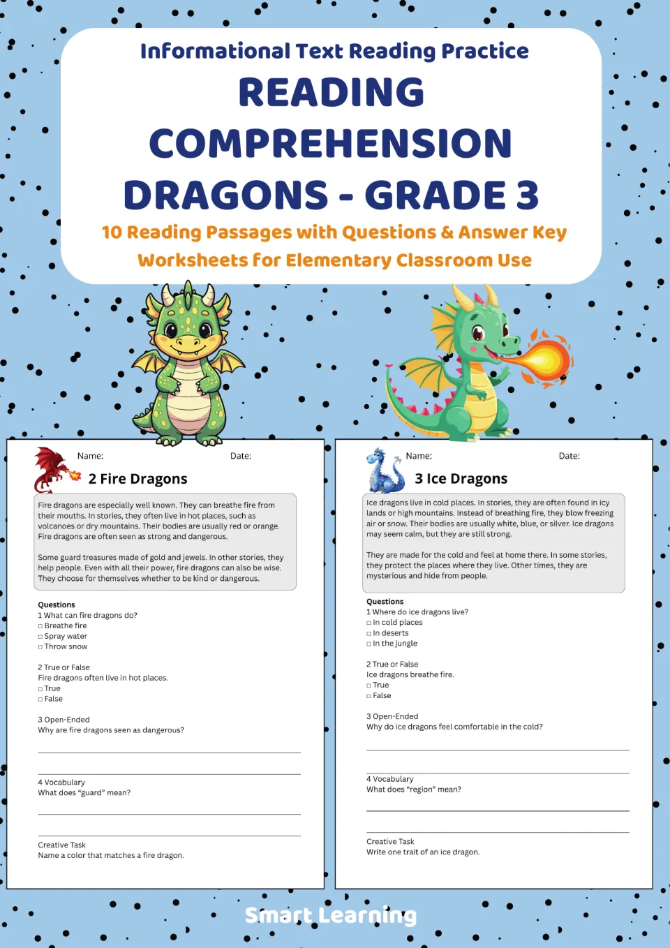 Cover of the grade 3 dragon reading packet, advertising 10 passages with questions and an answer key