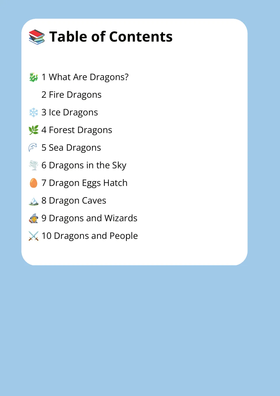 Table of contents listing 10 dragon passages, from What Are Dragons? to Dragons and People