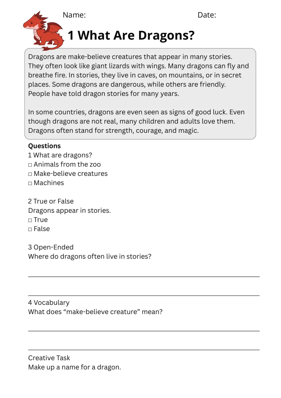 Passage 1, What Are Dragons?, introduces make-believe creatures, with four questions and a dragon-naming task