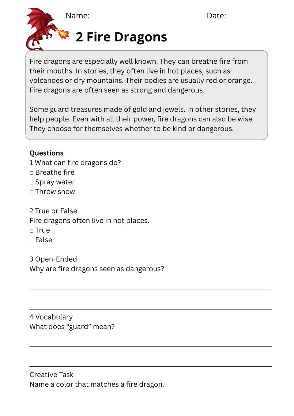 Passage 2, Fire Dragons, covers fire breathing and treasure guarding, with questions and a color-naming task