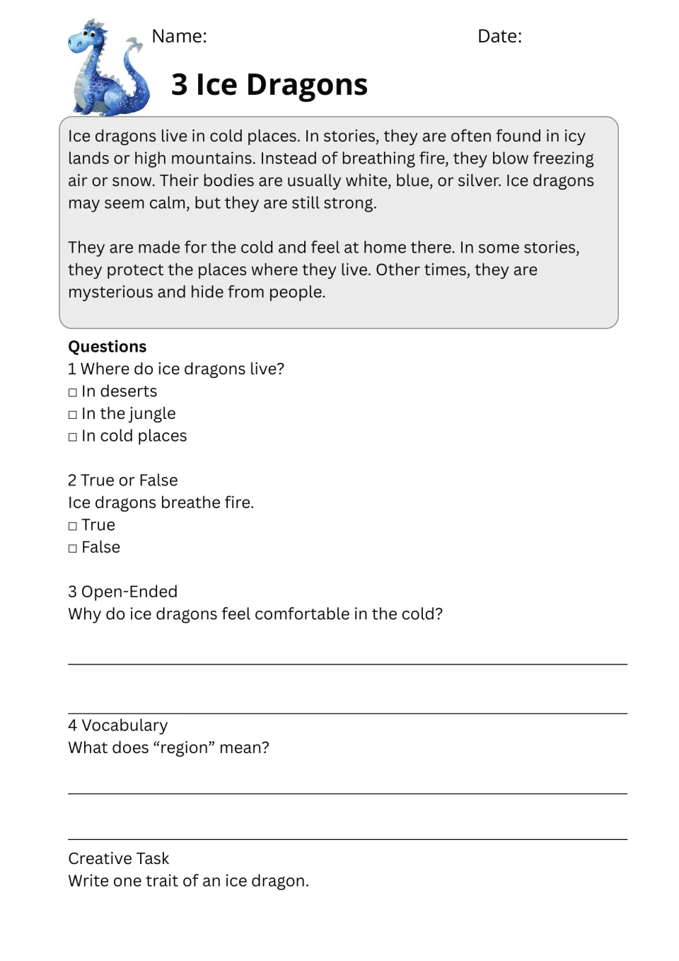 Passage 3, Ice Dragons, describes cold habitats and freezing breath, with questions and a trait-writing task