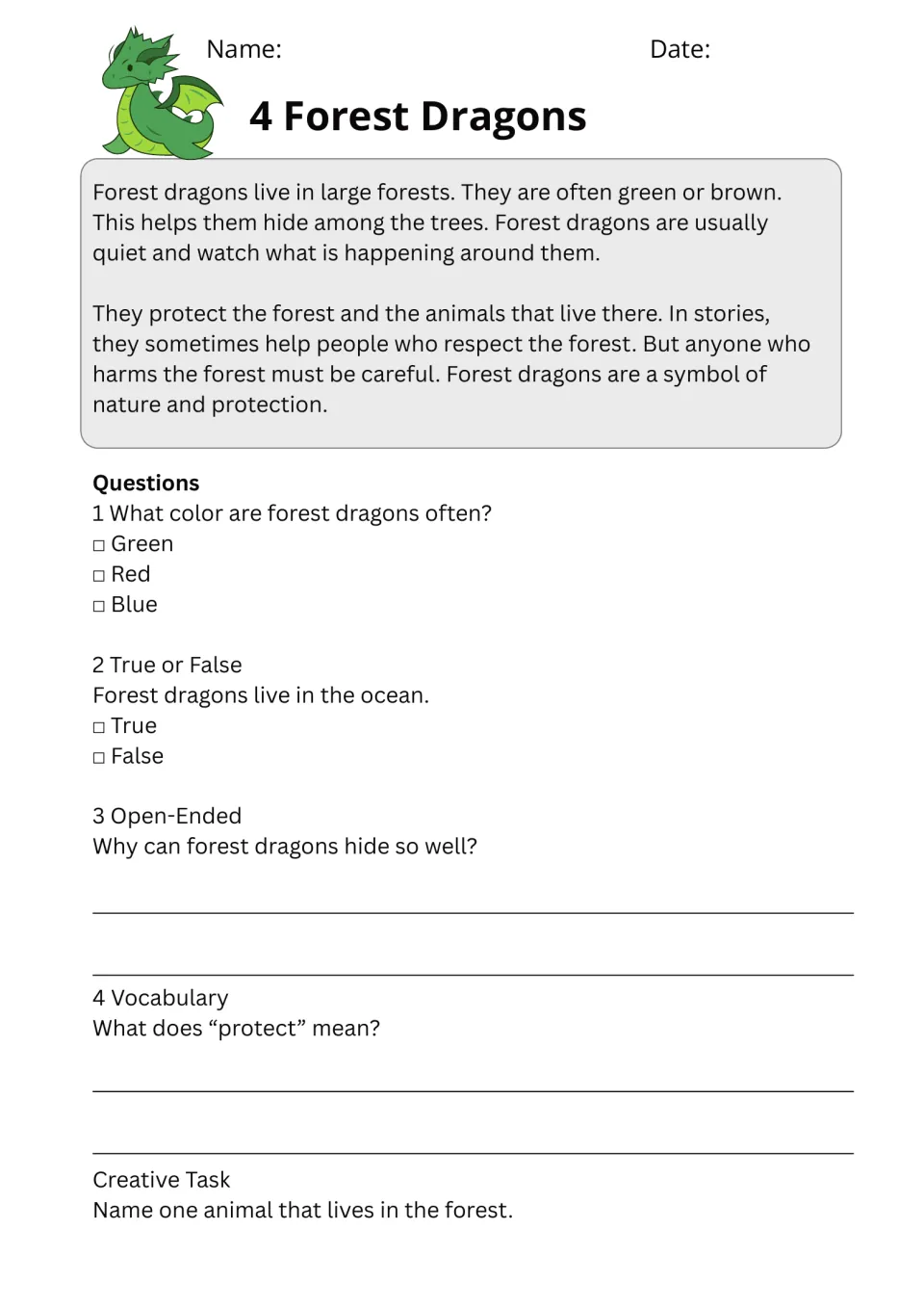 Passage 4, Forest Dragons, explains hiding among trees and protecting forests, followed by five exercises