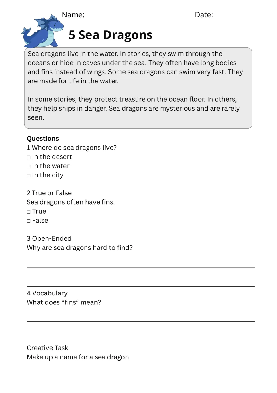 Passage 5, Sea Dragons, describes ocean homes, fins, and helping ships, with questions and a naming task