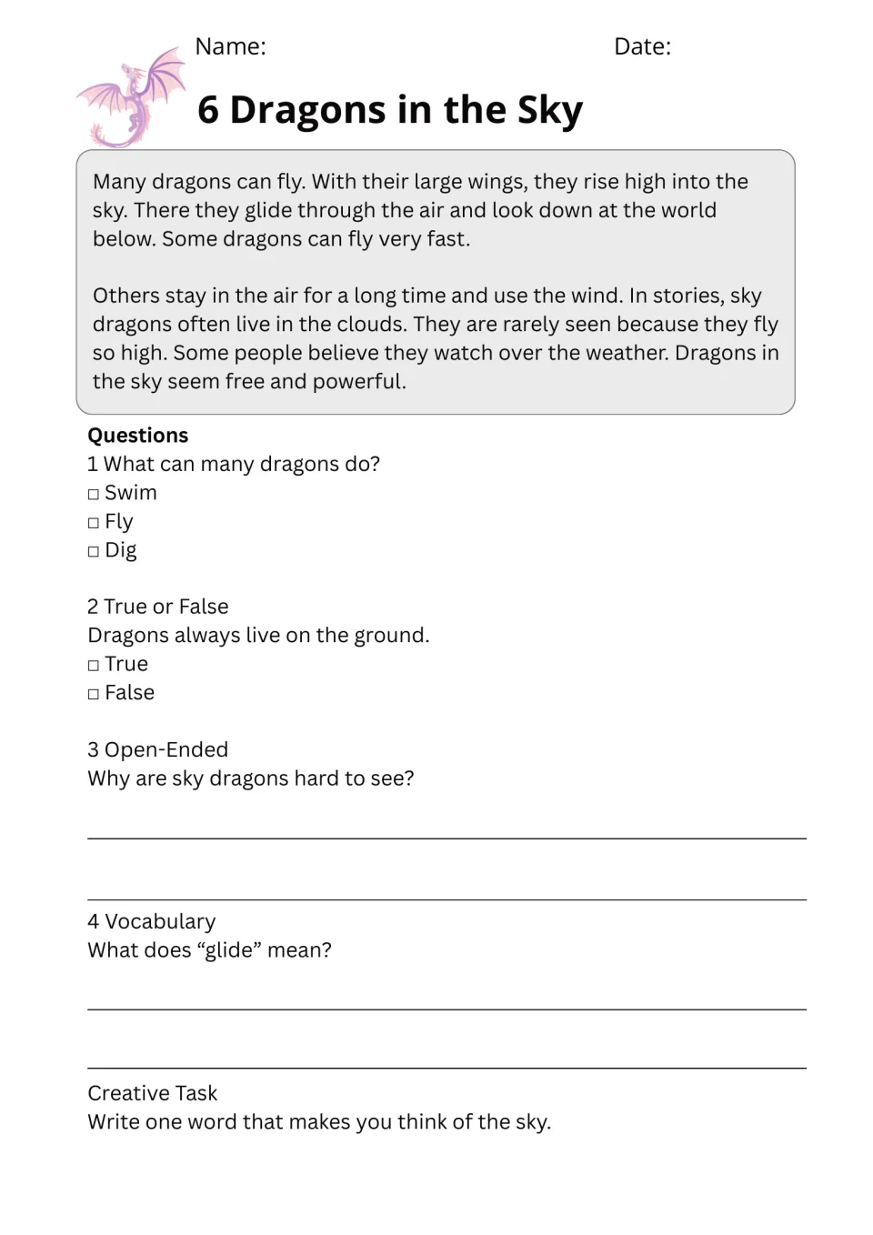Passage 6, Dragons in the Sky, covers flying and cloud homes, with questions including the meaning of glide