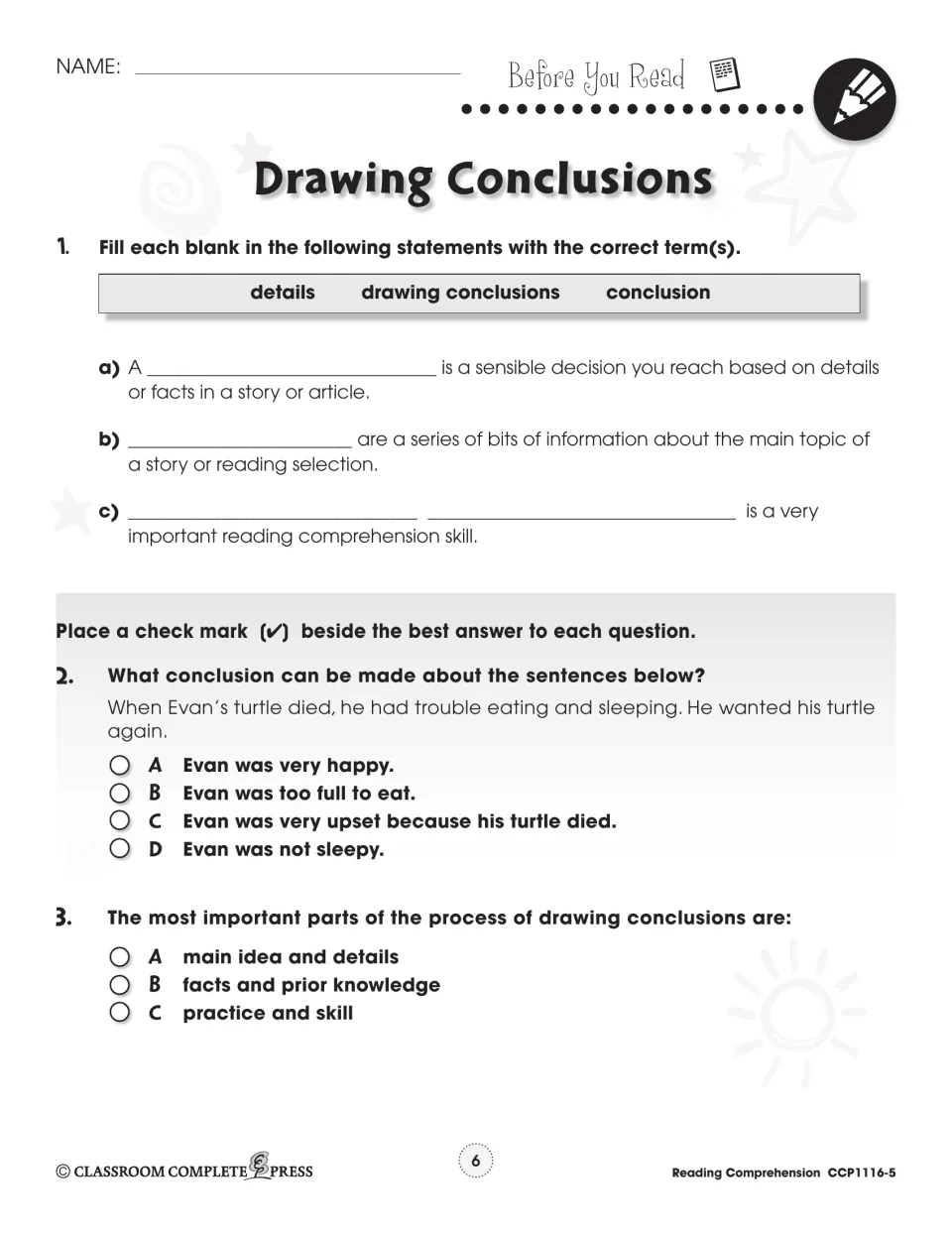 Before You Read: fill-in blanks using details, conclusion and drawing conclusions, plus a question on Evan's turtle