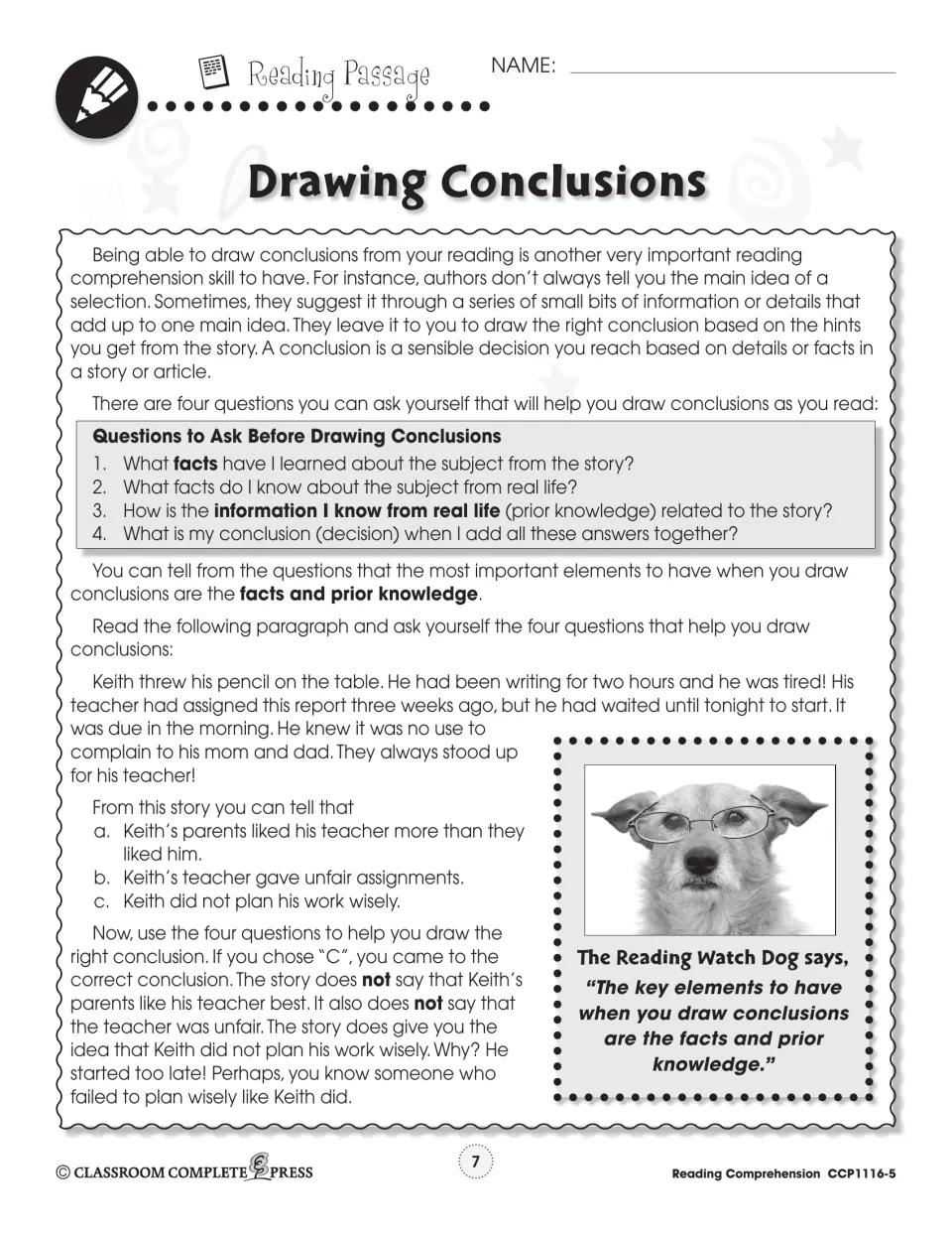 Reading passage defining a conclusion, with four questions to ask and a model paragraph about Keith's late report