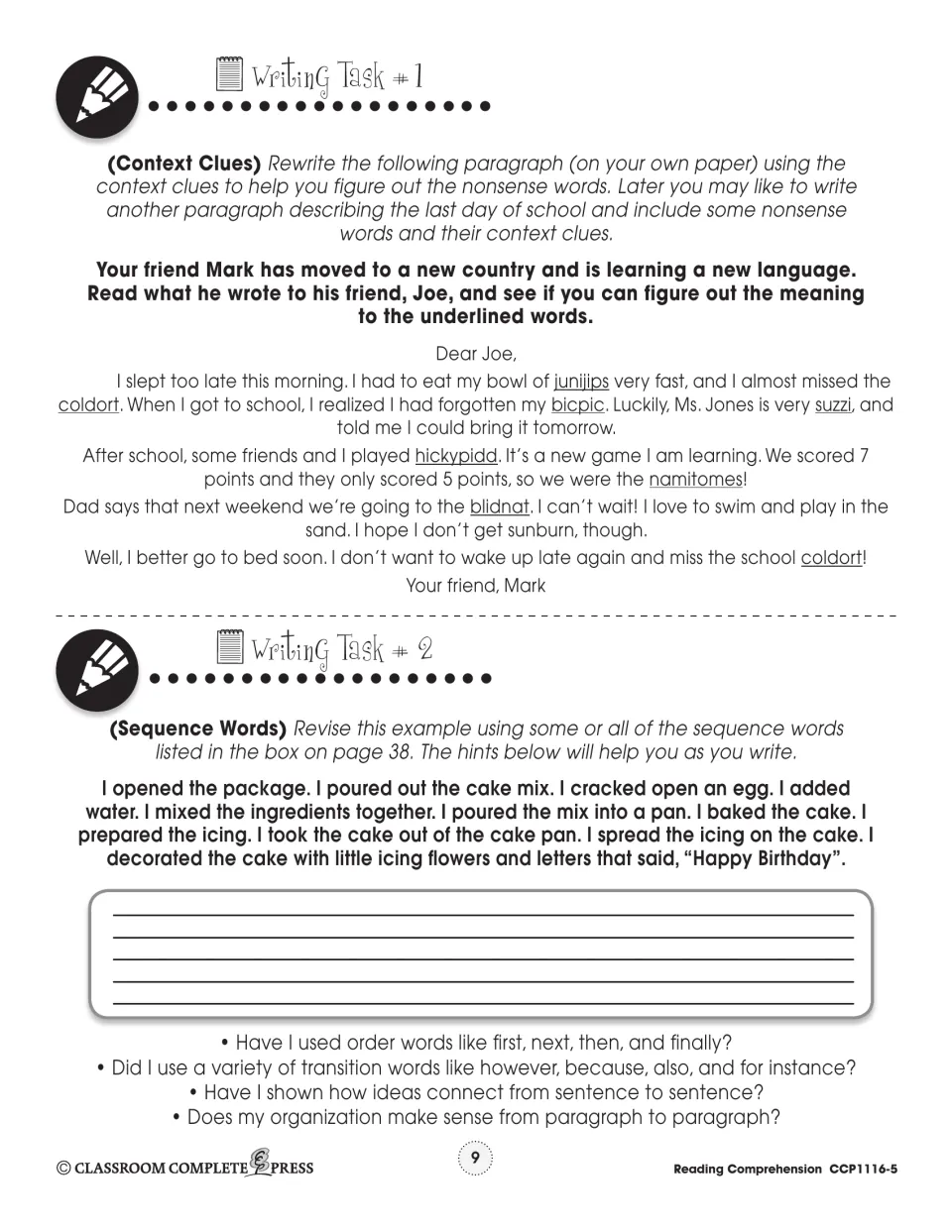 Writing Tasks 1–2: context clues for nonsense words in Mark's letter; sequence words for cake-baking steps