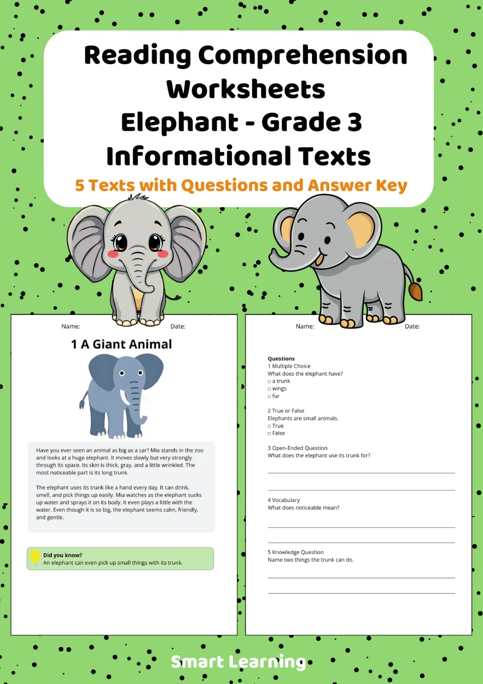 Cover of the grade 3 elephant reading packet advertising five informational texts, questions, and an answer key