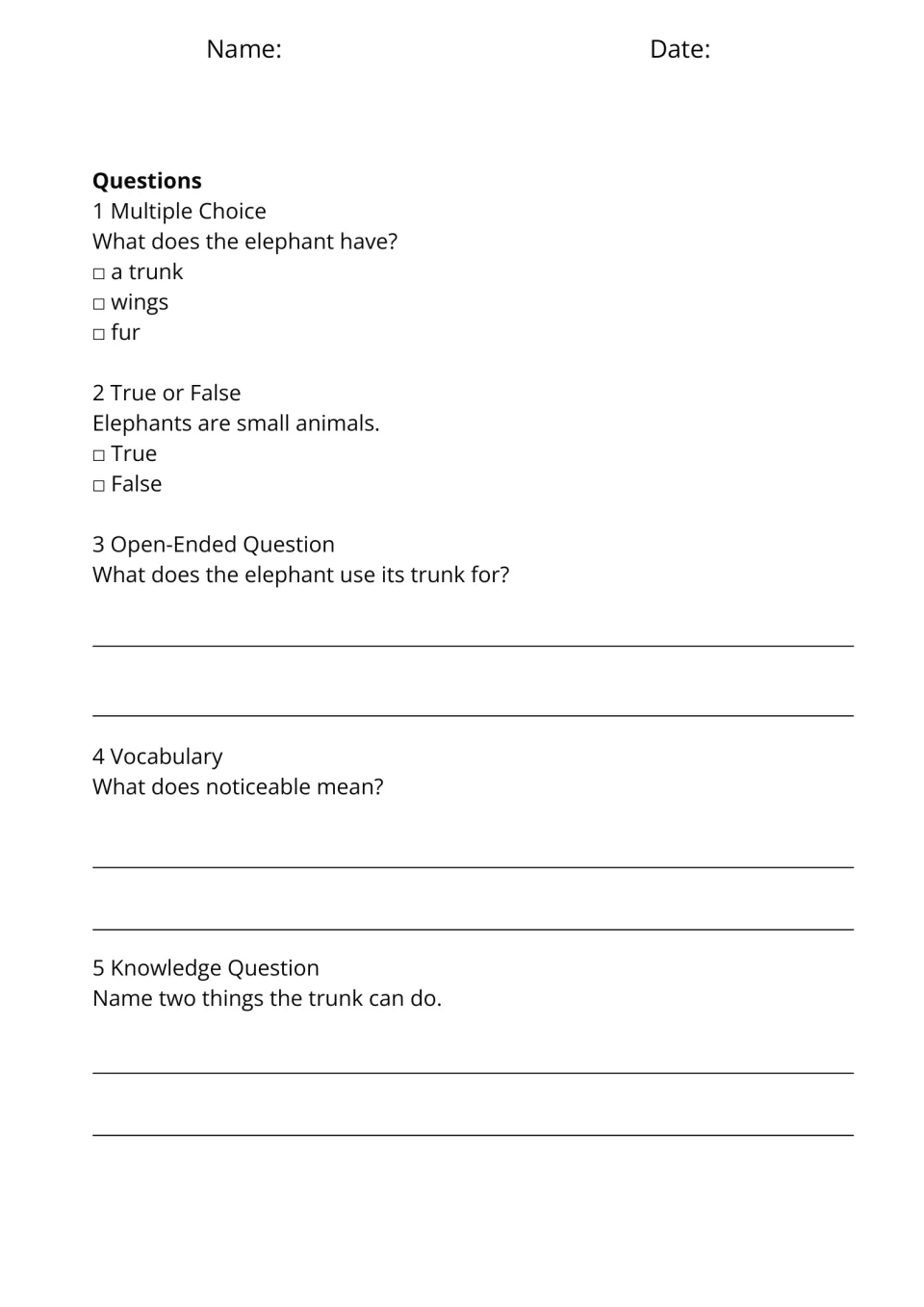Five questions for A Giant Animal check elephant size, trunk uses, and the meaning of the word noticeable