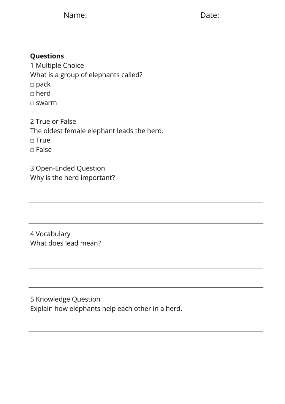 Five questions for Life in a Herd ask about herd names, leadership, protection, and the meaning of lead
