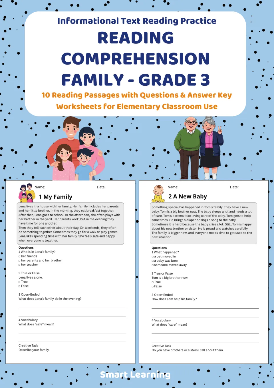 Cover of the Grade 3 family reading packet advertising 10 passages with questions and an answer key