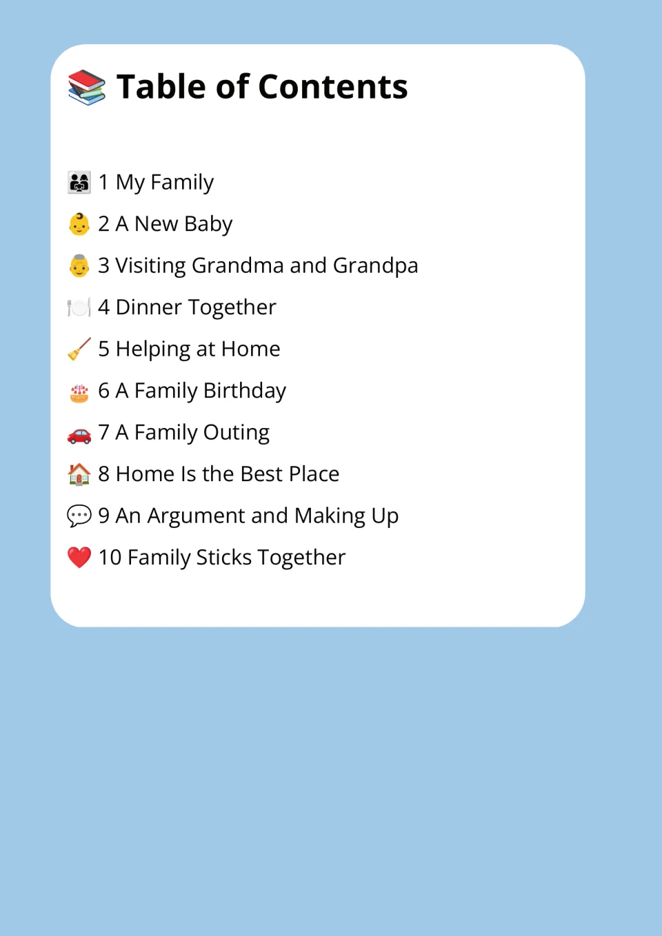 Table of contents listing 10 family passages, from My Family through Family Sticks Together