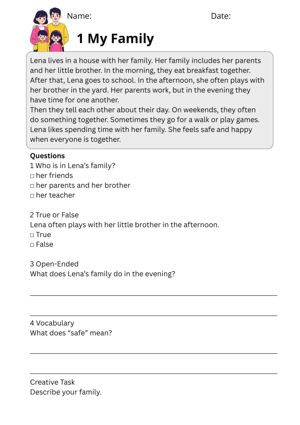 My Family passage follows Lena's daily routines, with comprehension questions and the vocabulary word safe