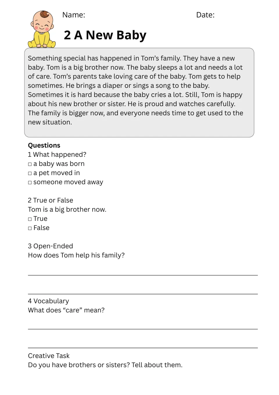 A New Baby passage describes Tom becoming a big brother, with questions about helping and the word care