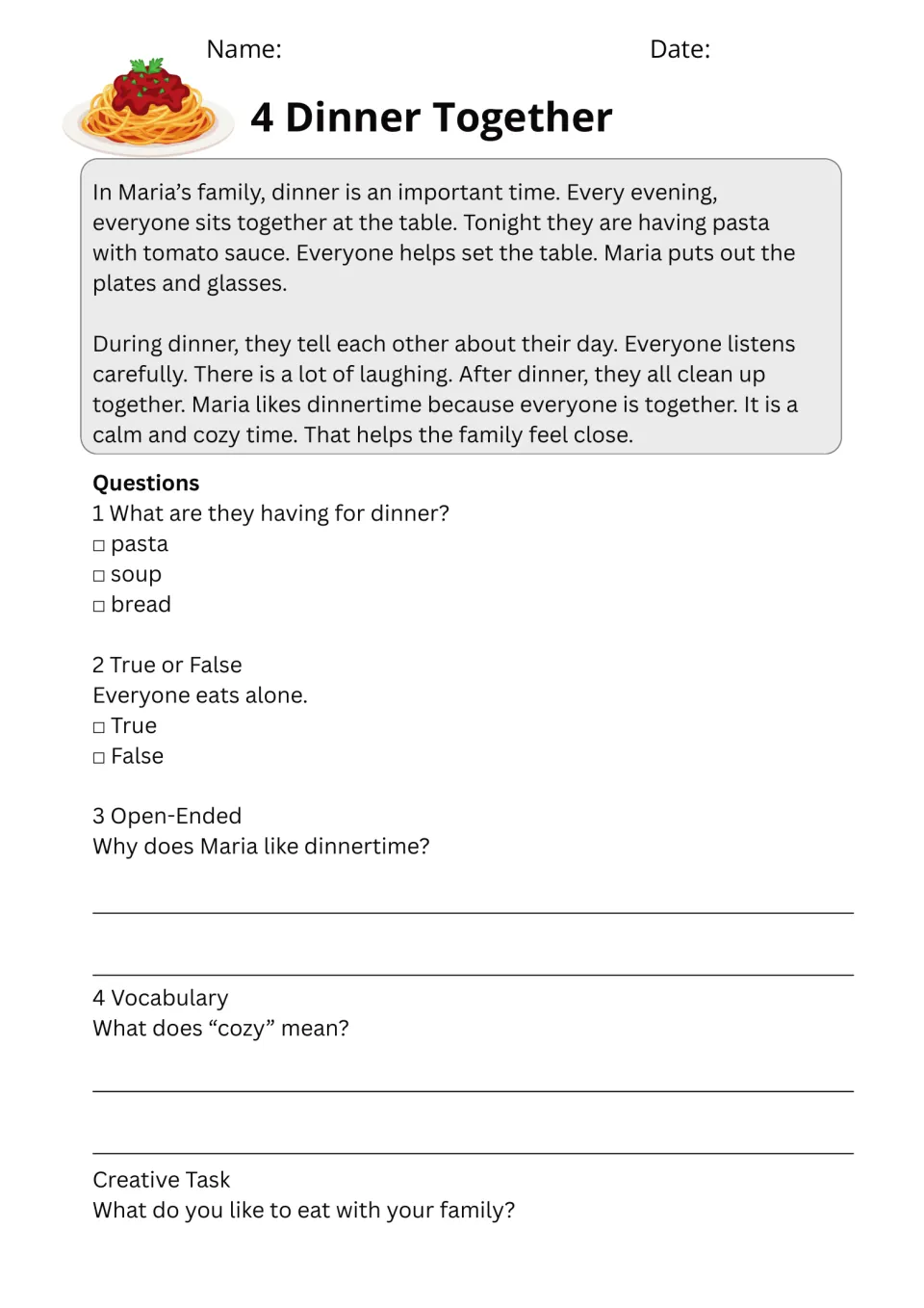 Dinner Together passage describes Maria's family meal, with comprehension questions and the word cozy