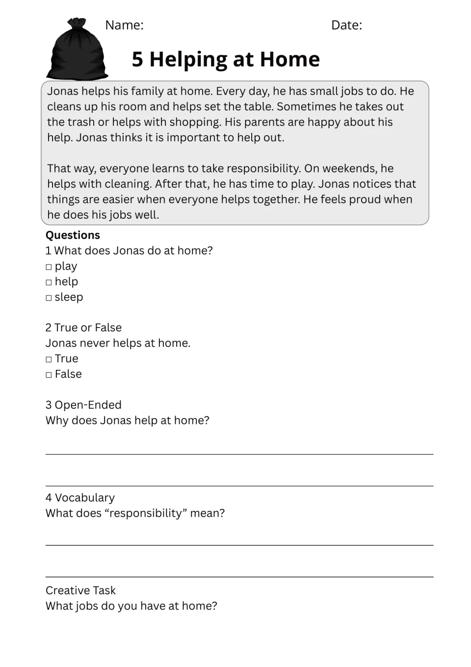 Helping at Home passage describes Jonas's chores, with questions and the vocabulary word responsibility