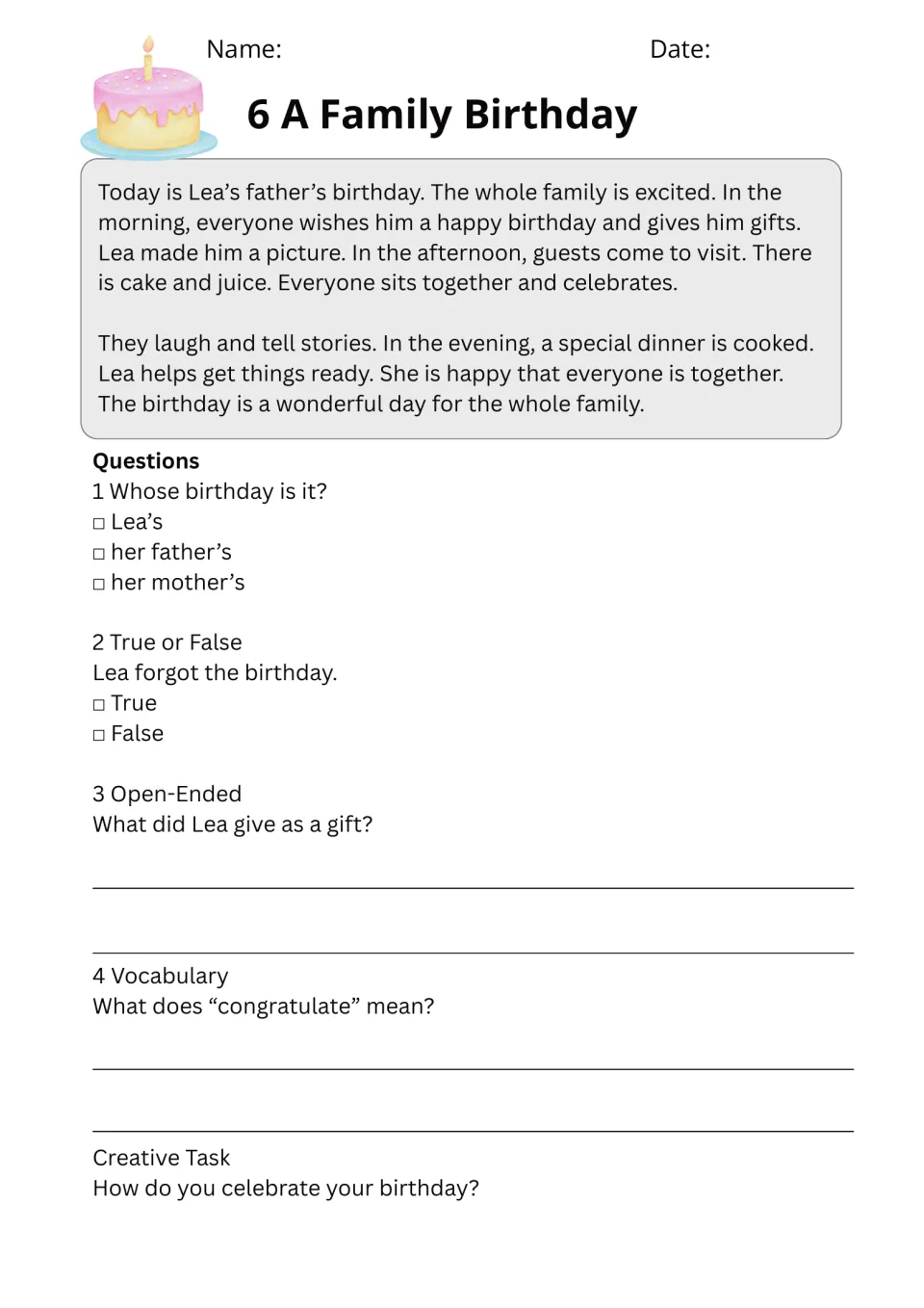 A Family Birthday passage describes Lea's father's celebration, with questions and the word congratulate