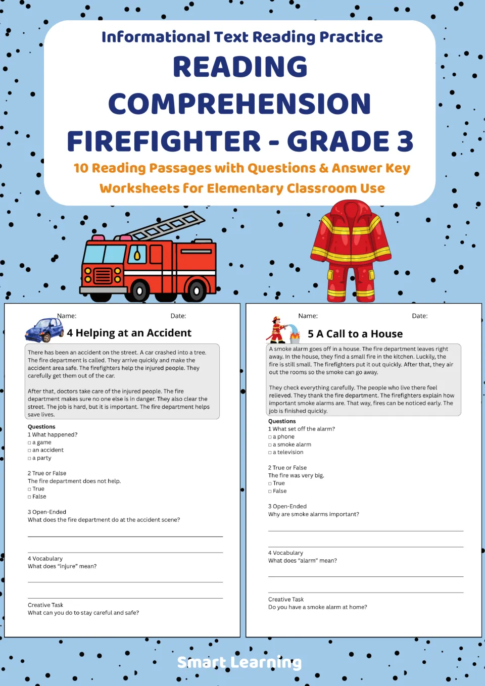 Cover for Reading Comprehension Firefighter, Grade 3: 10 informational passages with questions and an answer key