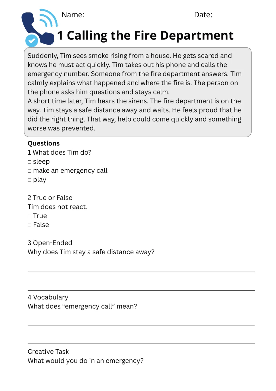 Calling the Fire Department passage about Tim's emergency call; students answer choice, true/false and open questions