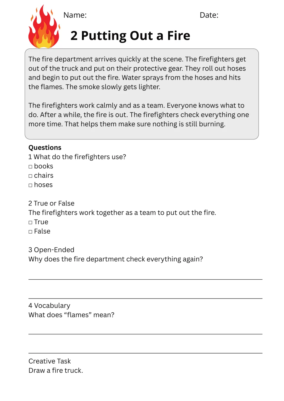 Putting Out a Fire passage on firefighters using hoses; students answer questions, define flames and draw a fire truck