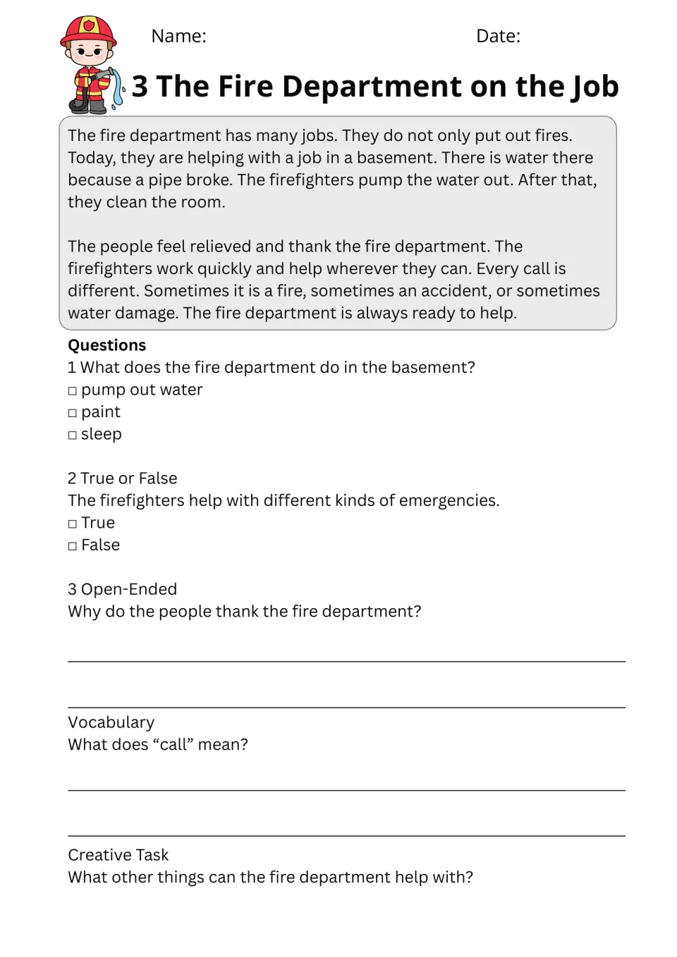 The Fire Department on the Job passage about pumping water from a basement; students answer questions and define call