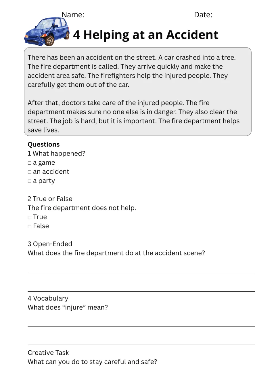 Helping at an Accident passage about a car crash rescue; students answer questions and define the word injure