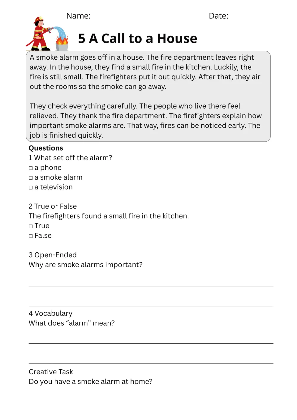 A Call to a House passage about a kitchen fire and smoke alarm; students answer questions and define the word alarm