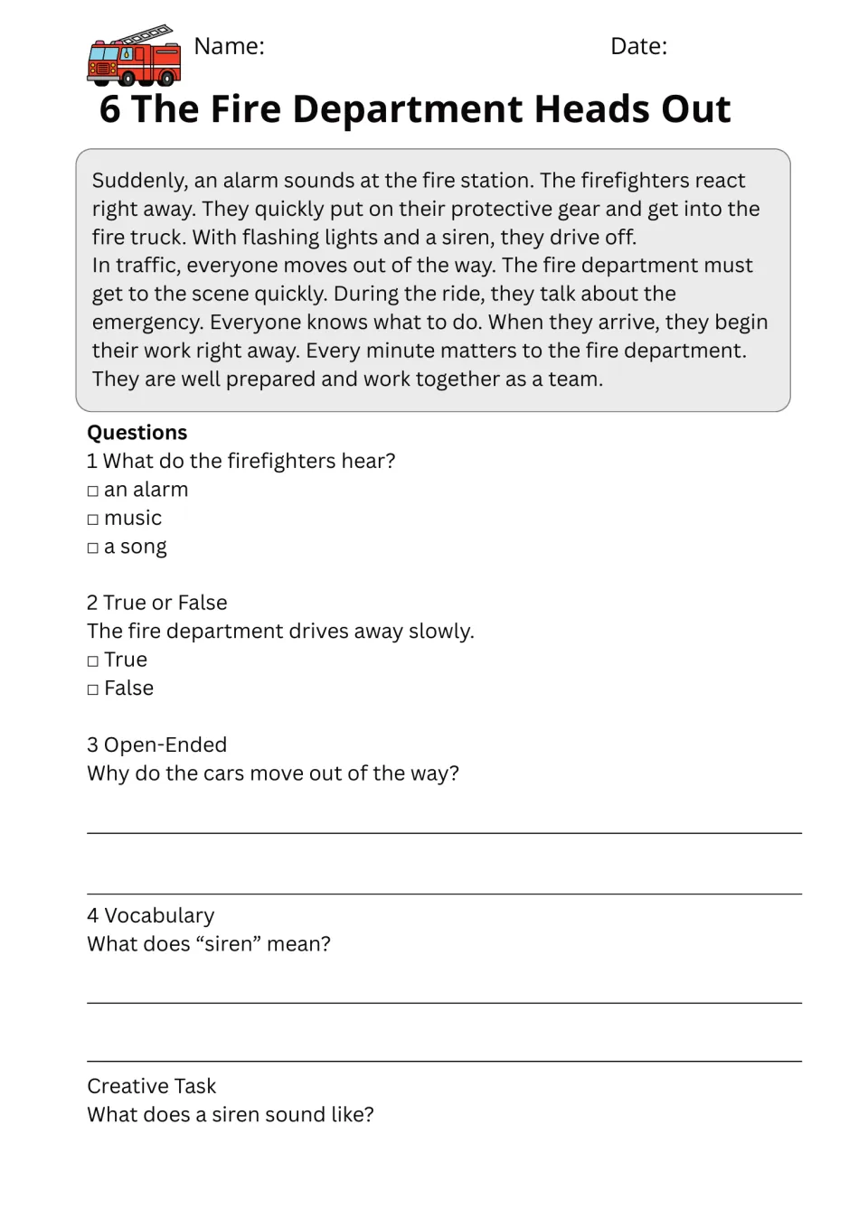The Fire Department Heads Out passage about gear, siren and fire truck; students answer questions and define siren