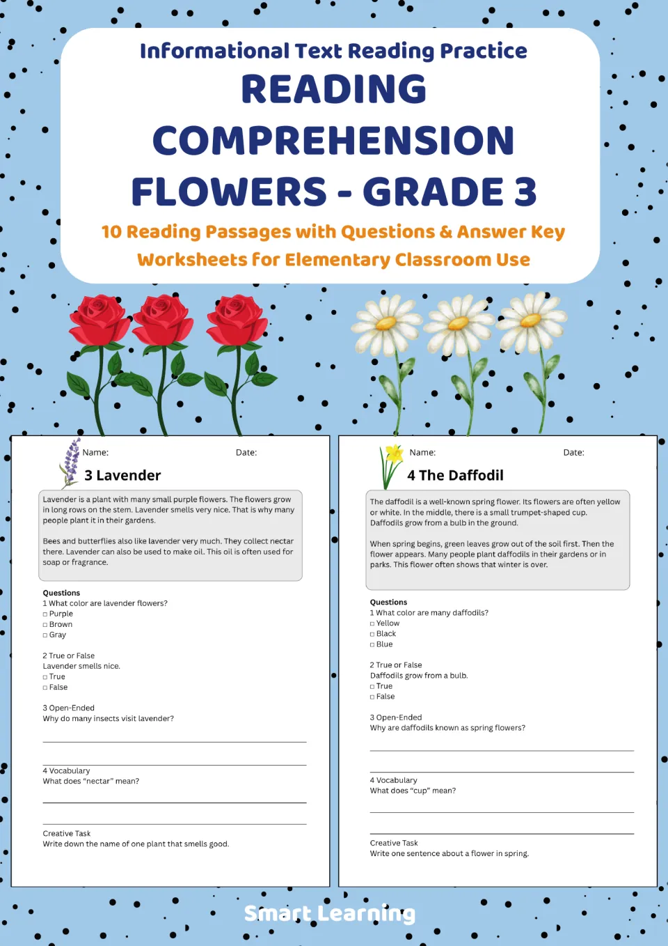 Cover for 10 informational reading passages about flowers with questions and an answer key, shown with roses and daisies