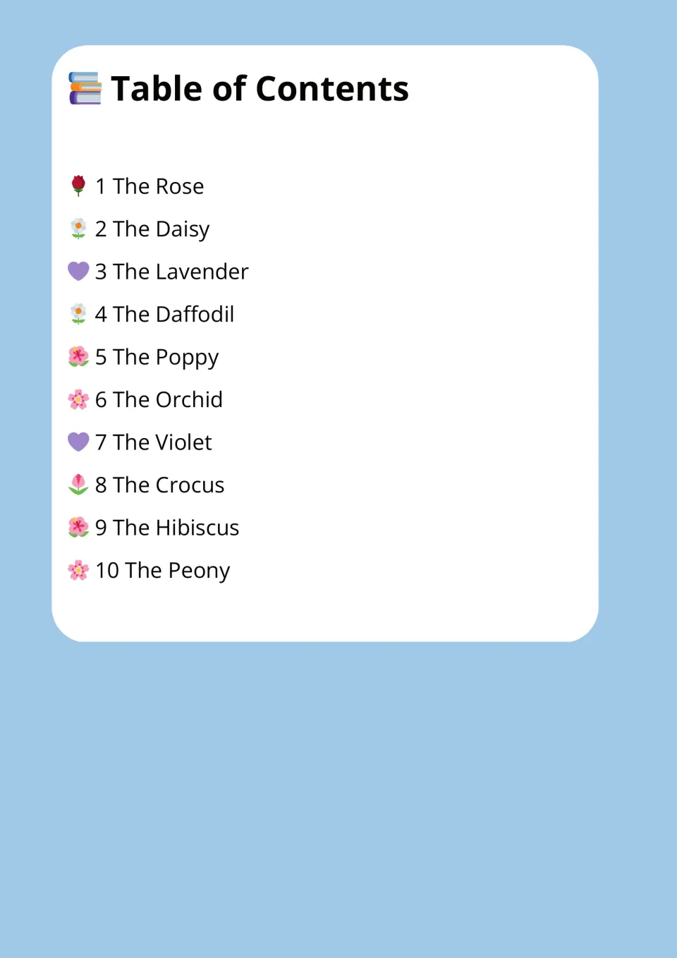 Table of contents listing the ten flower passages, from The Rose and The Daisy through The Hibiscus and The Peony