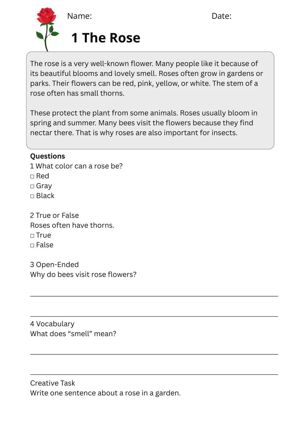 The Rose passage: students read about roses, answer multiple choice, true or false, open-ended and vocabulary questions