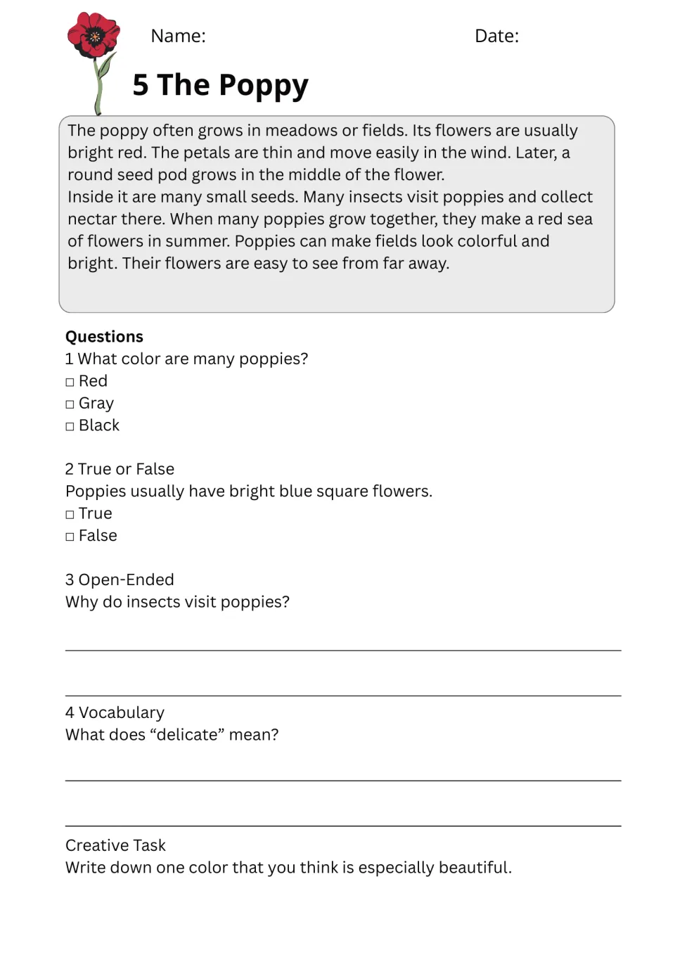 The Poppy passage: students read about red meadow flowers, then answer questions and define the word delicate
