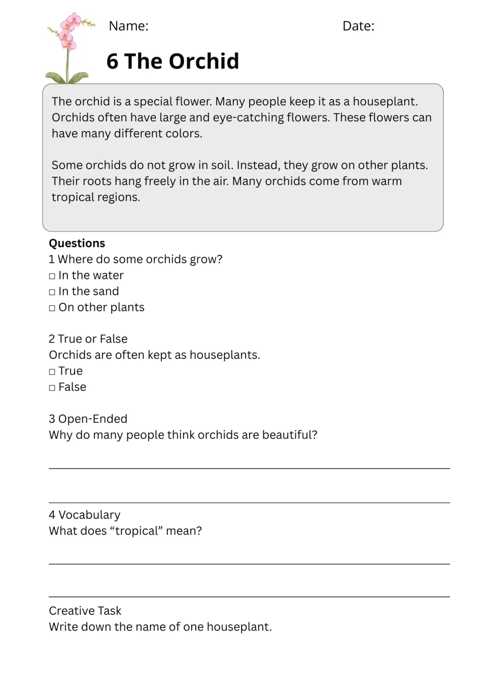 The Orchid passage: students read about orchids as houseplants, then answer questions and define the word tropical