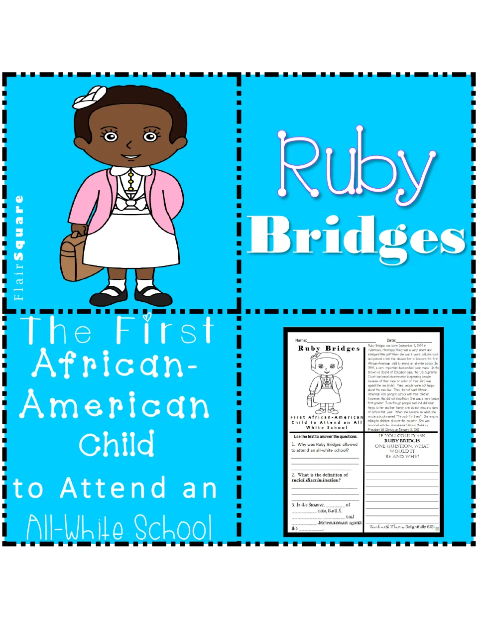 Cover of the Ruby Bridges reading resource, featuring her name, school integration subtitle, and worksheet sample