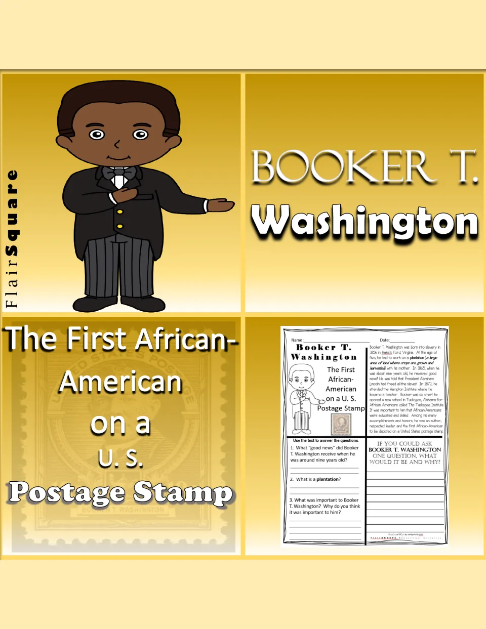 Booker T. Washington cover: first African-American on a U.S. postage stamp, with a cartoon portrait and worksheet preview
