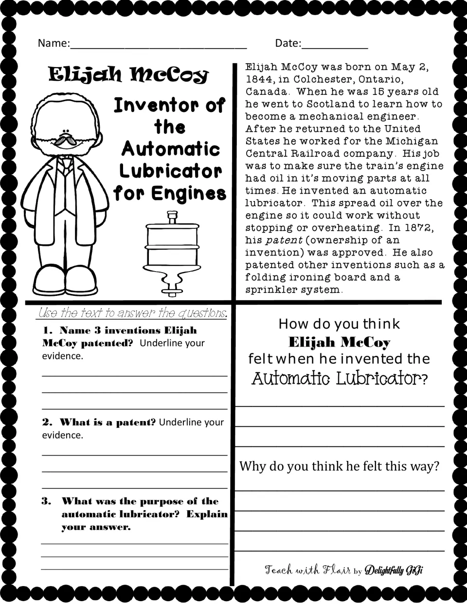Elijah McCoy reading worksheet: biography, questions about patents and his lubricator, and a feelings prompt.