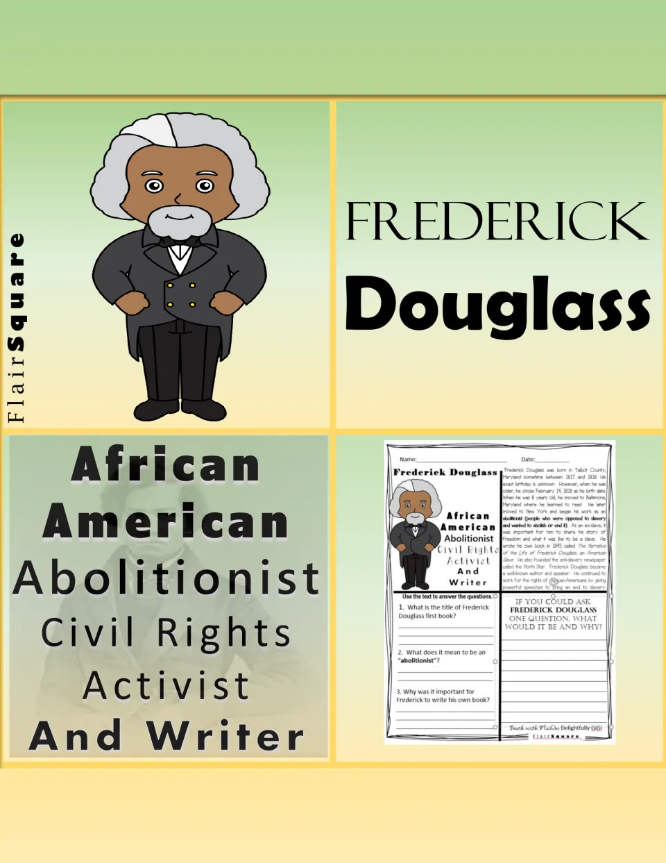 Cover of the Frederick Douglass reading activity, identifying him as an abolitionist, activist, and writer