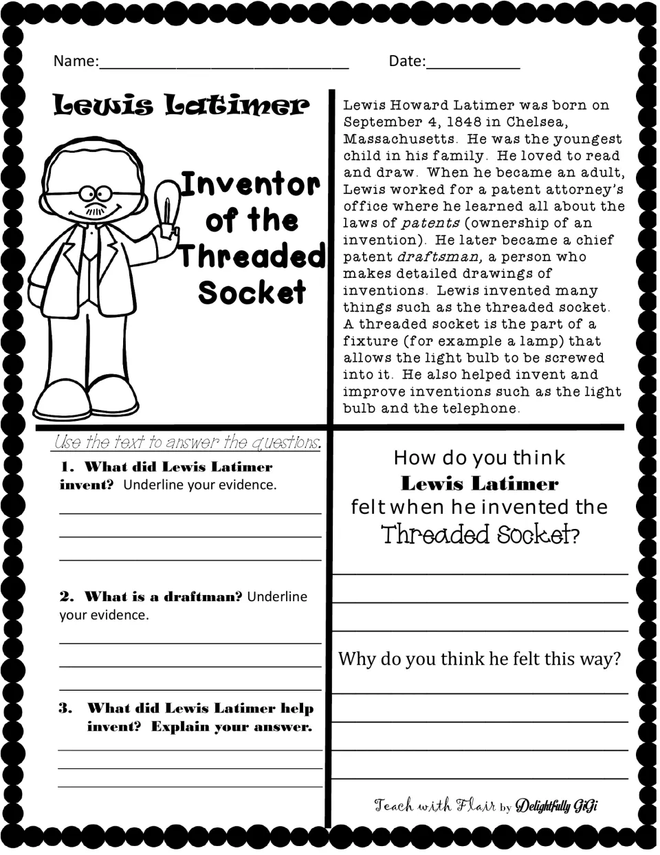Lewis Latimer, inventor of the threaded socket: students read a short biography, underline evidence and answer questions