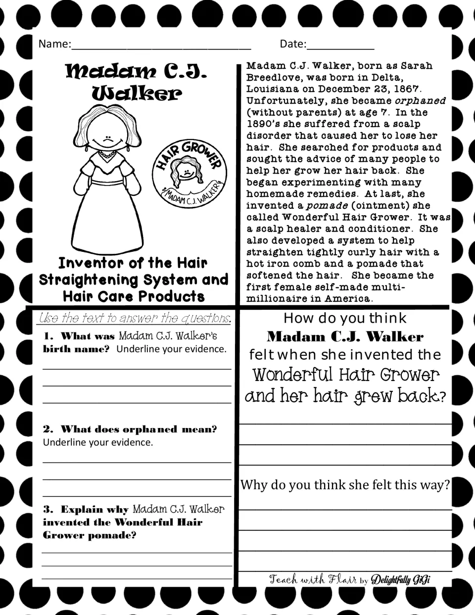 Madam C.J. Walker biography: students read about her hair care inventions, answer 3 text-evidence questions, infer feelings