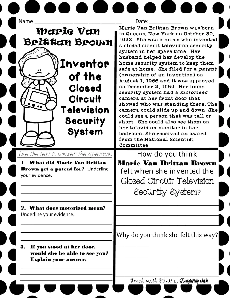 Marie Van Brittan Brown, inventor of a home security TV system: students read a short bio and answer evidence questions