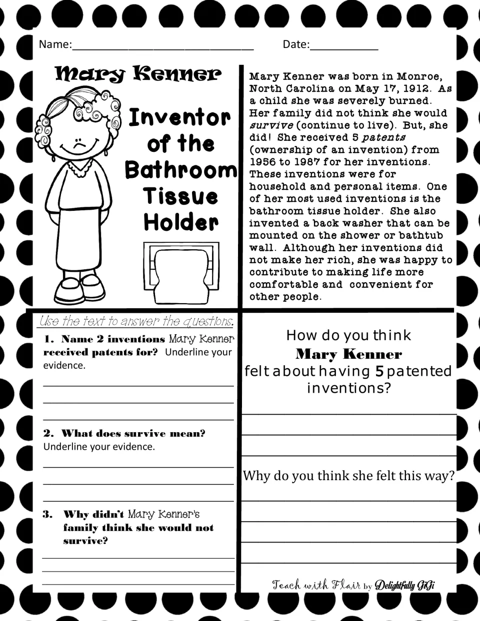 Mary Kenner, inventor of the bathroom tissue holder: students read her biography and answer 3 text-evidence questions