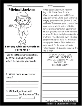 Michael Jackson Black History Reading Comprehension – sample page 2